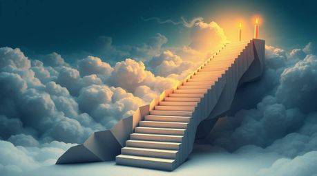 This artwork depicts a mesmerizing winding stairway constructed from intricate origami, composed of smoke and light, ascendin