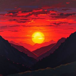 This bold acrylic painting captures the dramatic beauty of a sunset over a quiet mountain valley. The artwork features high c