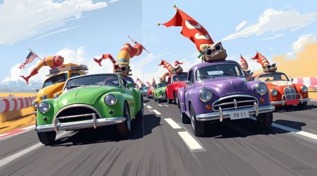 A vibrant digital painting showcases a chaotic and fun wacky racing scene featuring outlandish cars. The artwork is divided i