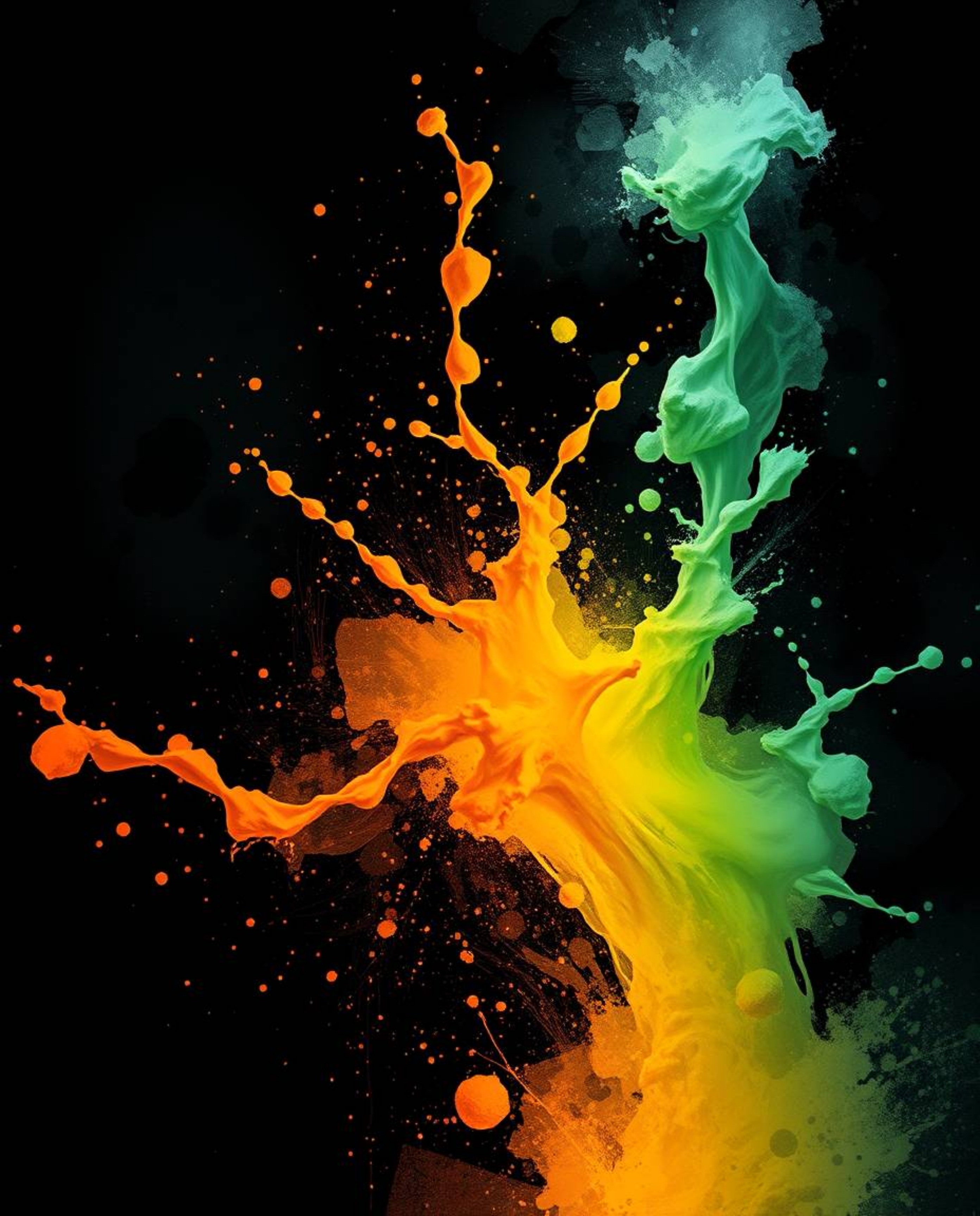 A vibrant digital sketch showcases dynamic, colorful splashes frozen in time against a stark black background. Emulating arti