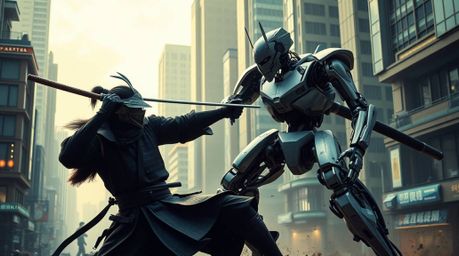 A captivating high-resolution, film-like photograph showcasing a samurai engaged in a dramatic combat sequence with a robot a