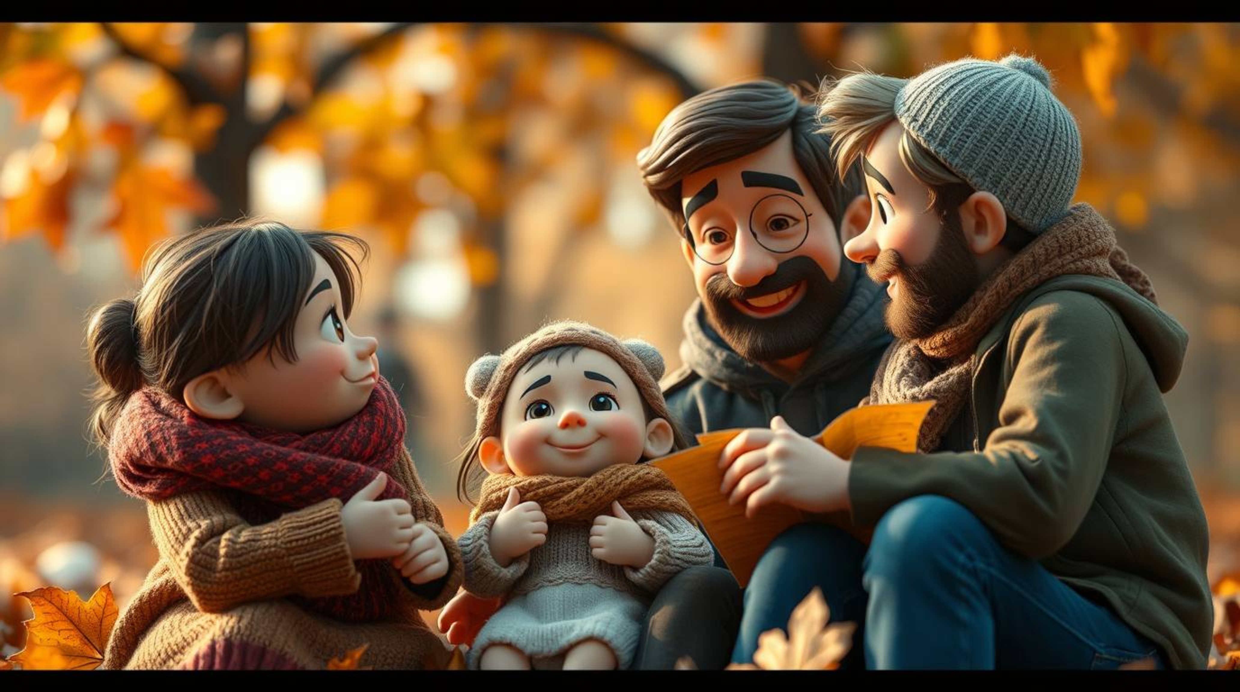 Experience the warmth of autumn in this extreme macro close-up showcasing a Pixar-style family reunion. The scene is bathed i