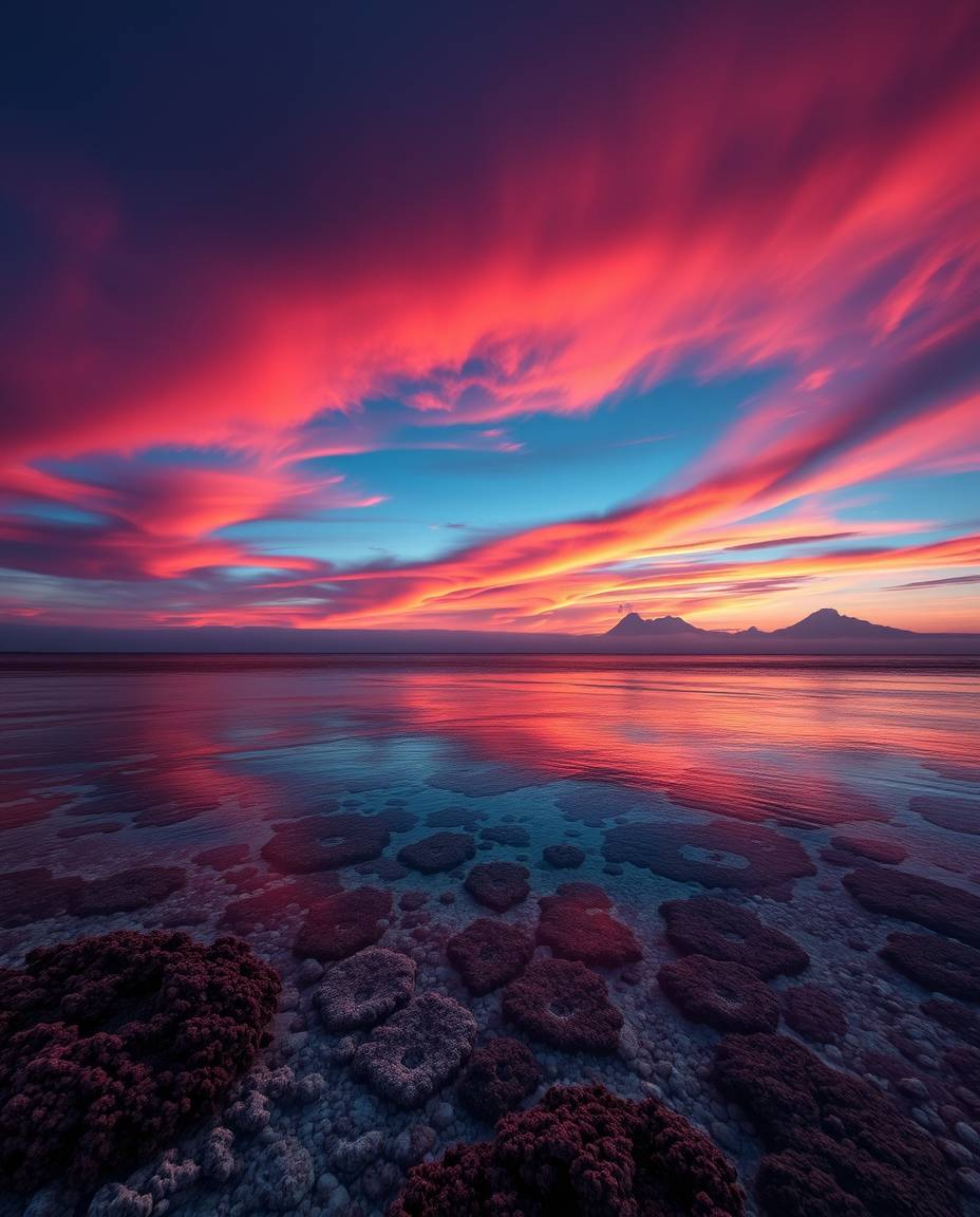 A sophisticated and elegant image depicts a colorful sky over a coral reef at low tide. The scene is defined by strong, hard 