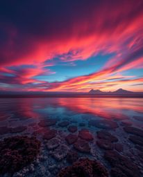 A sophisticated and elegant image depicts a colorful sky over a coral reef at low tide. The scene is defined by strong, hard 