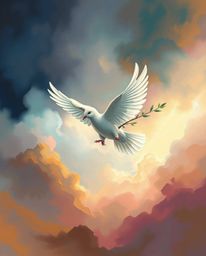 A dove carrying an olive branch soars through a stormy sky, rendered with vibrant colors and a dreamlike atmosphere. Gentle c