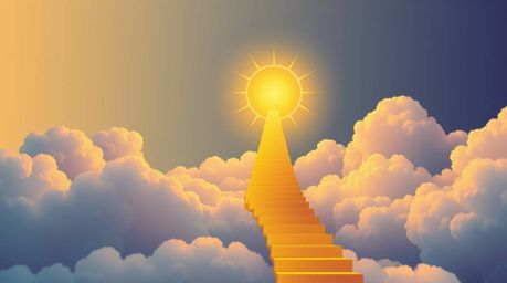 A stunning modern flat design illustration featuring a golden staircase ascending through clouds towards a radiant heaven. Th