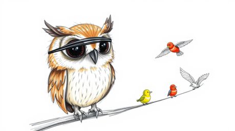 A heartwarming hand-drawn sketch, reminiscent of Pixar's style, portrays a wise, blind owl with soft, brown feathers patientl