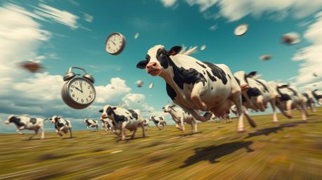Explore a captivating surreal dreamscape featuring melting clocks and floating cows in dynamic motion, captured with blurred 