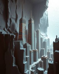 Immerse yourself in a sculpted papier-mâché Glitchy digital landscape featuring distorted skyscrapers and static noise. This 