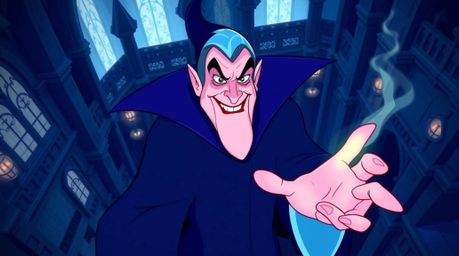 A captivating vector graphic depicting a classic Disney villain with a sly smile, casting a spell within a majestic castle.  