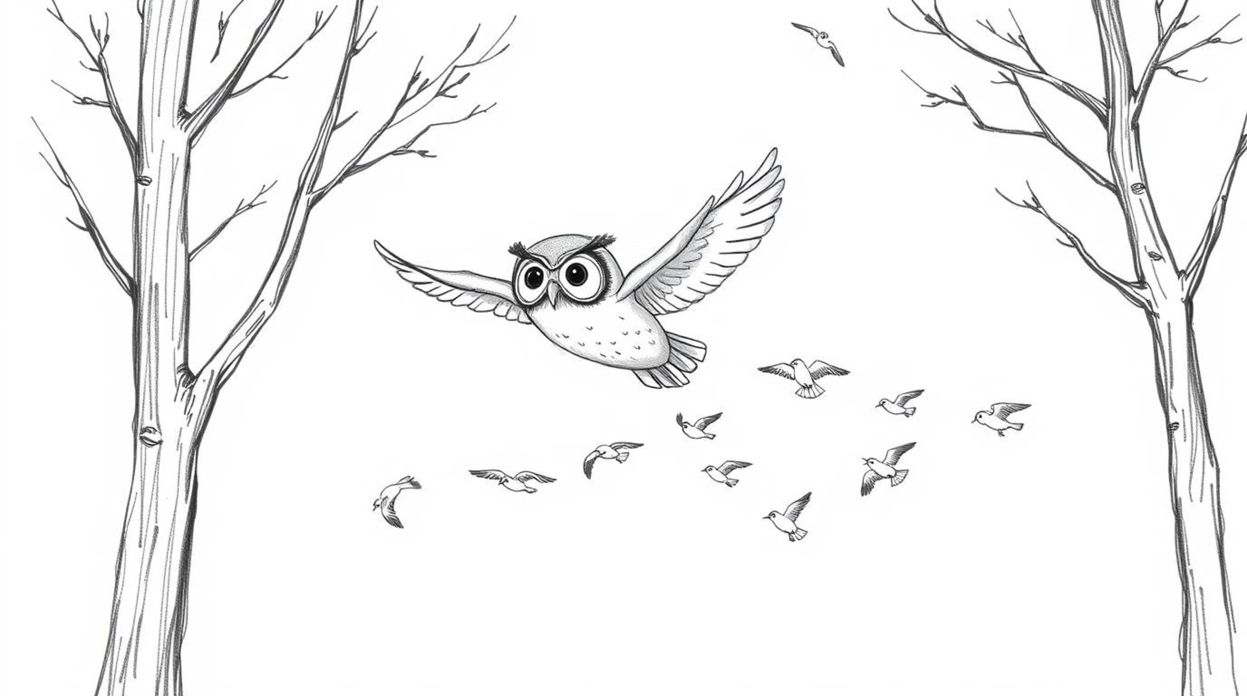 A charming hand-drawn sketch reminiscent of Pixar's style depicts a blind owl gracefully gliding between trees, leading a flo