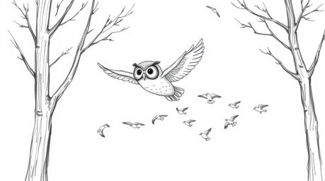 A charming hand-drawn sketch reminiscent of Pixar's style depicts a blind owl gracefully gliding between trees, leading a flo