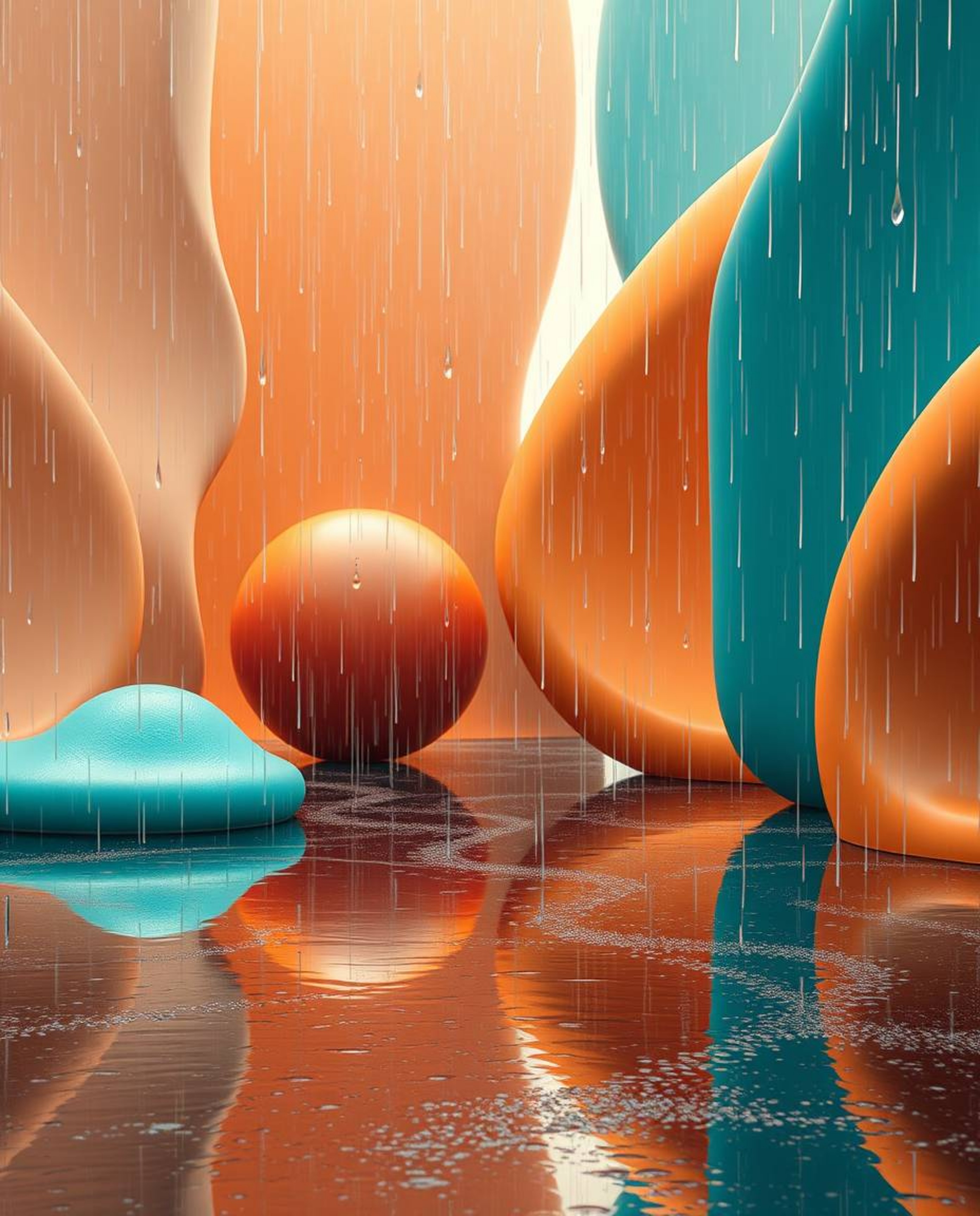 Immerse yourself in a wet, rainy scene featuring warm terracotta and cool teal 3D shapes adorned with a smooth gradient textu