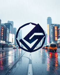 This logo design features a futuristic city in glitch mode, characterized by flickering lights and broken holograms. The scen