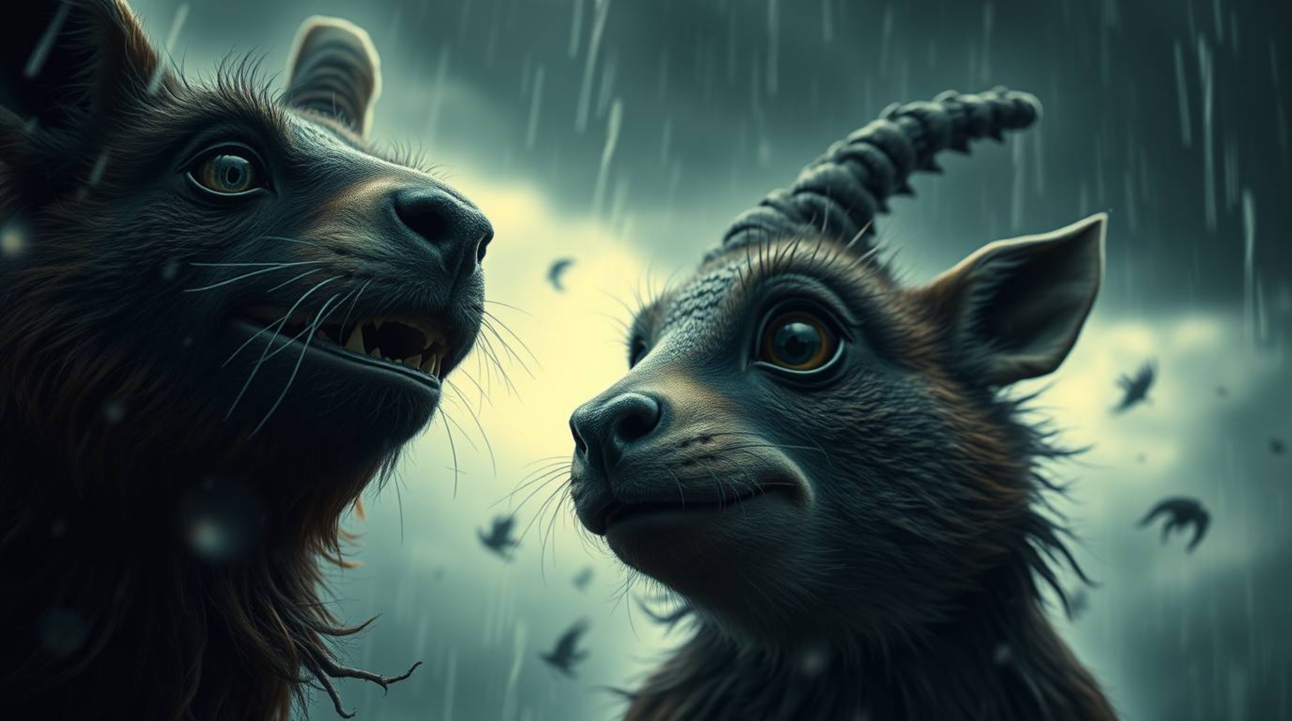 A captivating close-up reveals two talking animals amidst a dramatic stormy backdrop.  Their mischievous antics unfold in a s