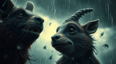 A captivating close-up reveals two talking animals amidst a dramatic stormy backdrop.  Their mischievous antics unfold in a s
