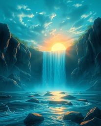 An ethereal and spiritual artwork depicting a luxurious and vibrant waterfall with a setting sun. This stunning piece is rend