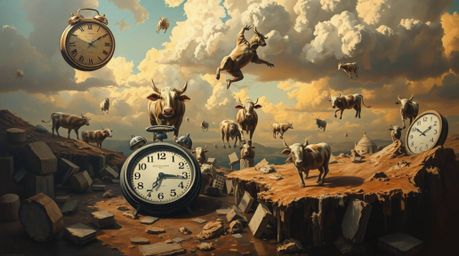 Explore a surreal dreamscape rendered in the classic oil painting style, featuring melting clocks and floating cows bathed in