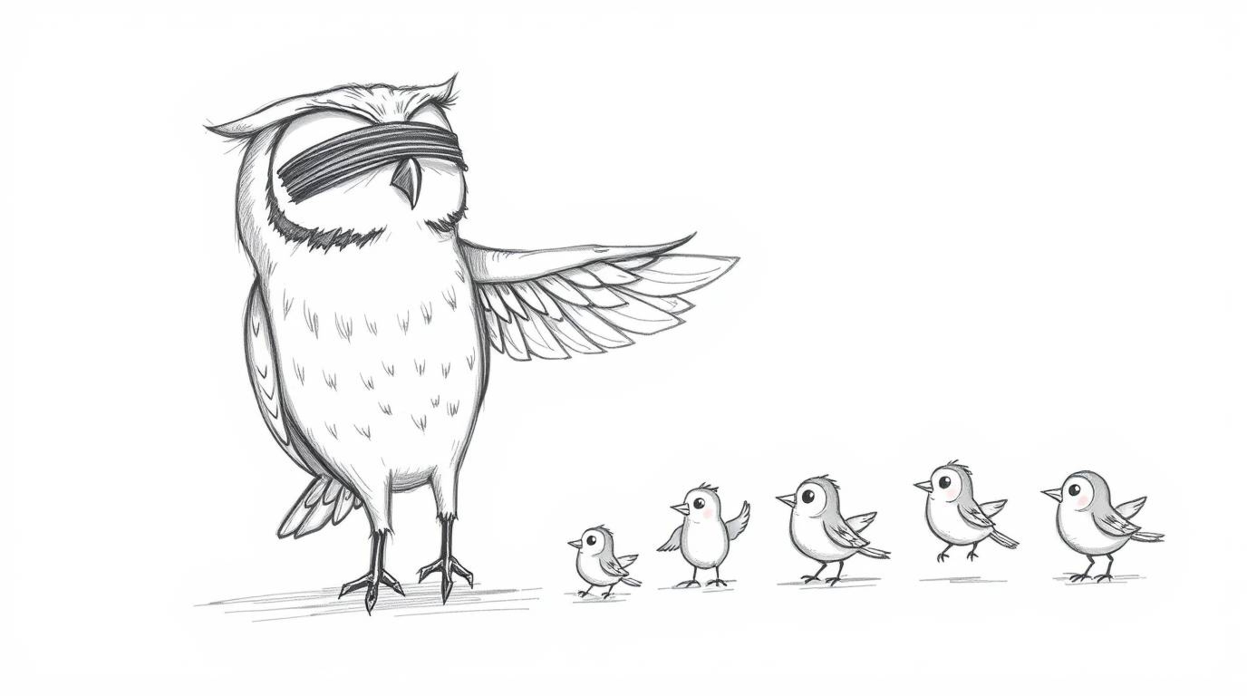 A heartwarming hand-drawn sketch in the style of Pixar depicts a kind, blind owl patiently teaching a group of small birds to