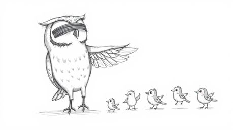 A heartwarming hand-drawn sketch in the style of Pixar depicts a kind, blind owl patiently teaching a group of small birds to