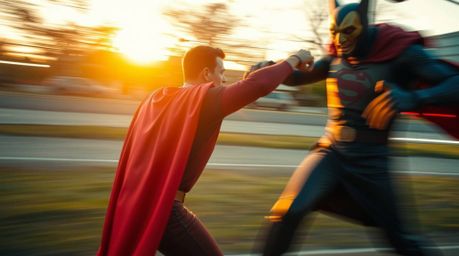 A captivating long exposure photograph depicts a superhero, cloaked in a cape, battling a comical villain under the soft glow