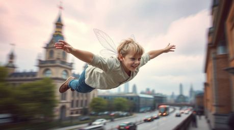 A dynamic motion photograph capturing a young boy with fair skin seemingly flying above London, propelled by magical pixie du