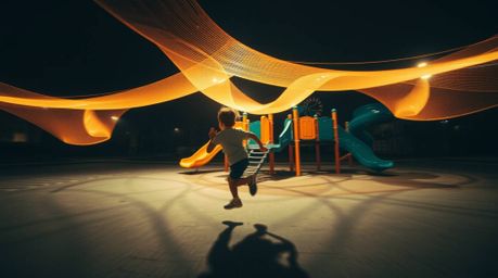 Experience the thrill of a dramatic slow-motion run through a playground, captured from a high-angle perspective.  Creative a