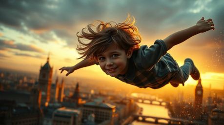 A captivating image featuring a young boy with windswept hair soaring above the London skyline with the aid of pixie dust.  D