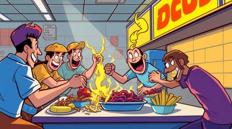 Experience the chaotic fun of a cartoon cafeteria food fight rendered in electric, vivid colors with strong hard light and dr