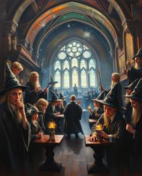 Experience a magical school filled with young wizards in a stunning classic oil painting style. The intense and dramatic ligh