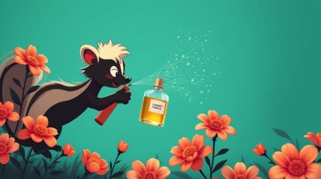 This image depicts a cartoon skunk playfully spraying perfume onto flowers, rendered in a high-contrast style utilizing a war