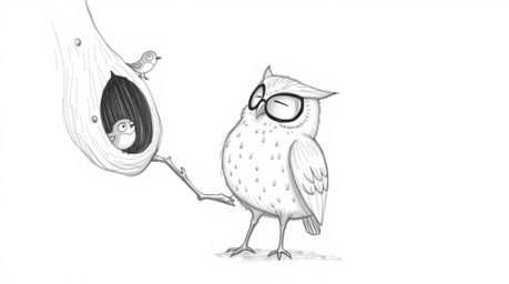 A charming hand-drawn sketch depicts a blind owl with a serene expression and soft plumage, rendered in a Pixar-inspired styl