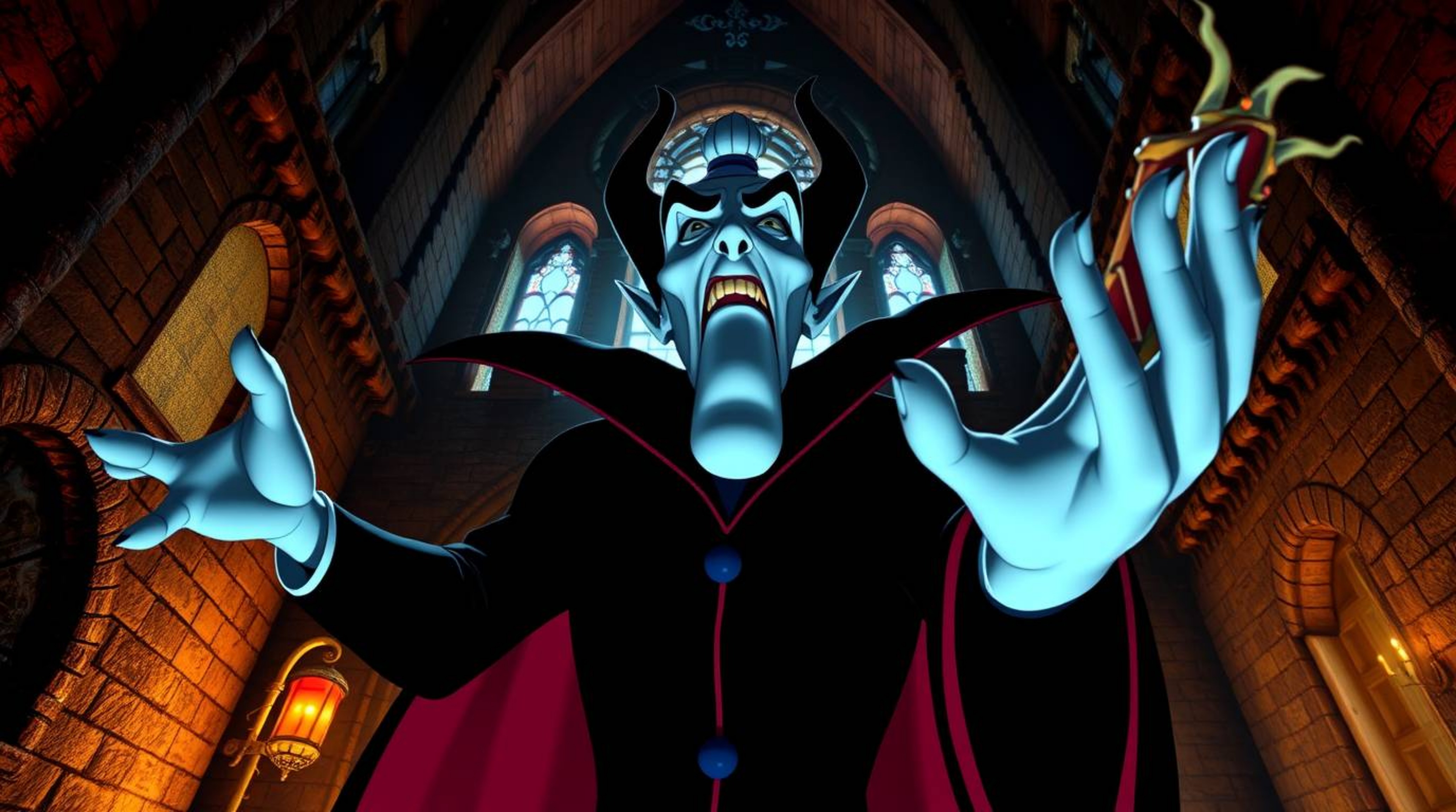 A captivating digital painting depicting a classic Disney villain with sharp features and pale skin, casting a spell within t