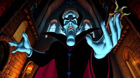 A captivating digital painting depicting a classic Disney villain with sharp features and pale skin, casting a spell within t