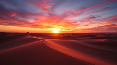 Experience the breathtaking beauty of a sunset over golden desert dunes.  Bathed in electric, vivid colors with soft, diffuse