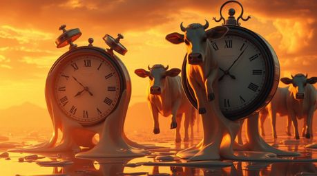 Experience a captivating surreal dreamscape bathed in the warm golden hour light, reminiscent of a serene sunrise or sunset. 