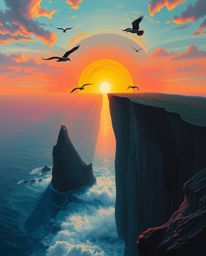 This is a surrealism-style artwork of an ethereal and spiritual coastal cliff sunset, complete with soaring birds. The compos