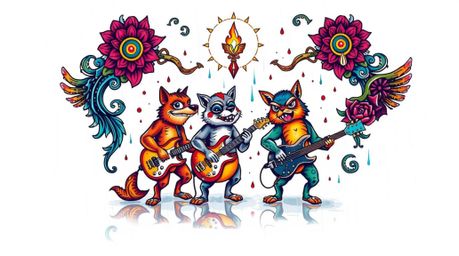 A vibrant, symbolic traditional tattoo art print featuring a band of cartoon animals playing rock music.  The design boasts c