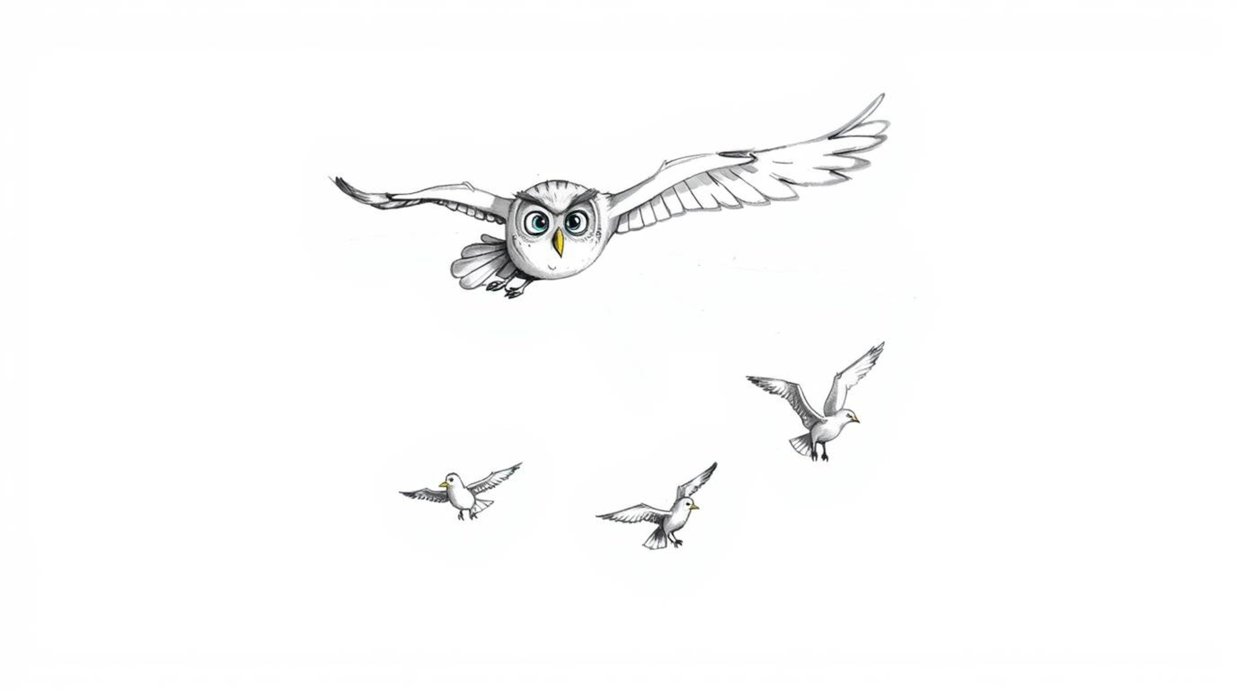 A heartwarming hand-drawn sketch in the style of Pixar depicts a blind owl gracefully mid-flight, compassionately teaching se