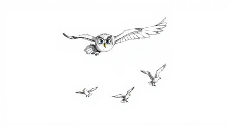 A heartwarming hand-drawn sketch in the style of Pixar depicts a blind owl gracefully mid-flight, compassionately teaching se