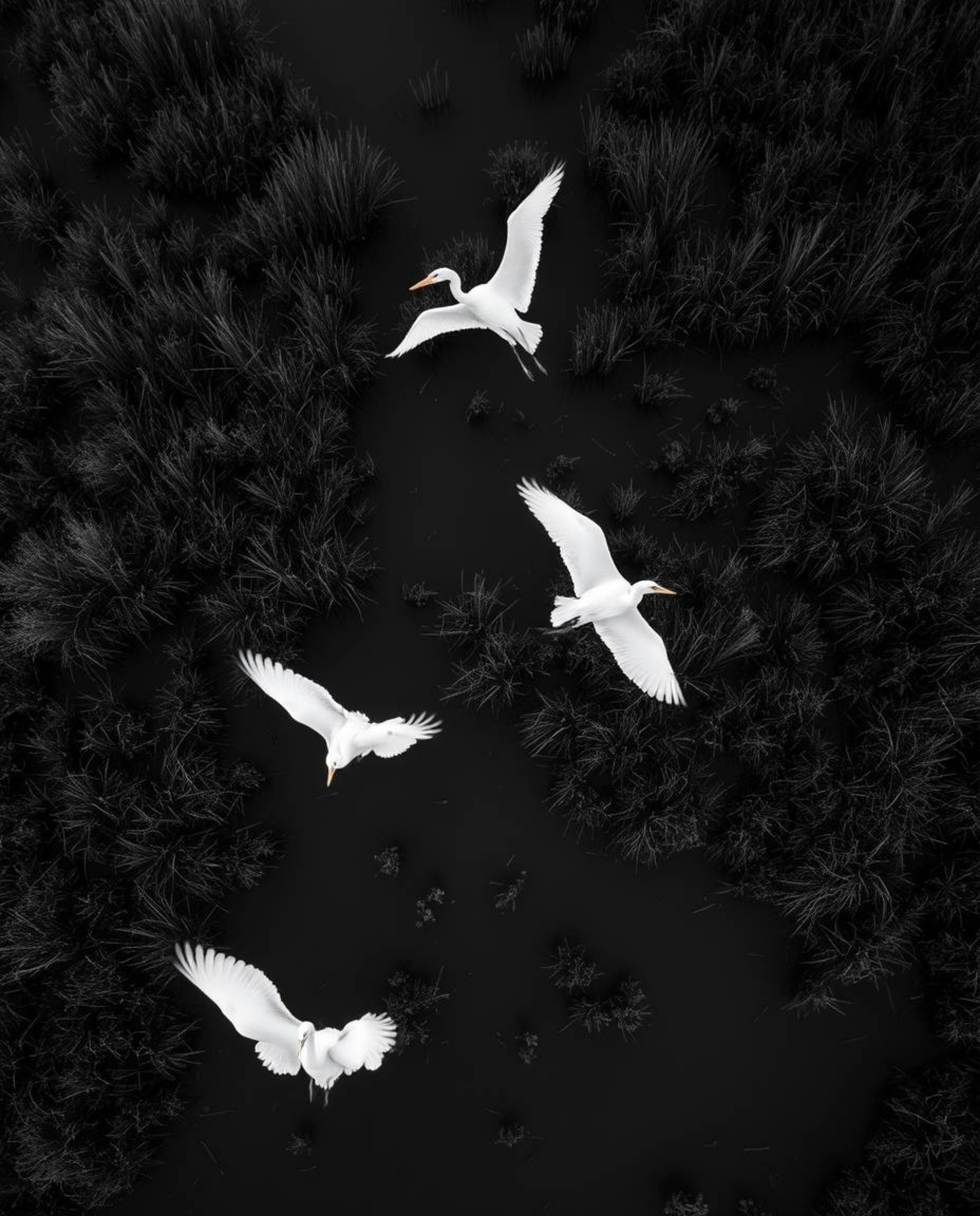 An overhead bird’s eye view of a golden hour wetlands scene, featuring herons in flight. This classic black and white photogr