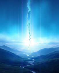 A mesmerizing digital glitch landscape slowly breaks apart, revealing a mystical light aura shimmering in blues, greens, and 