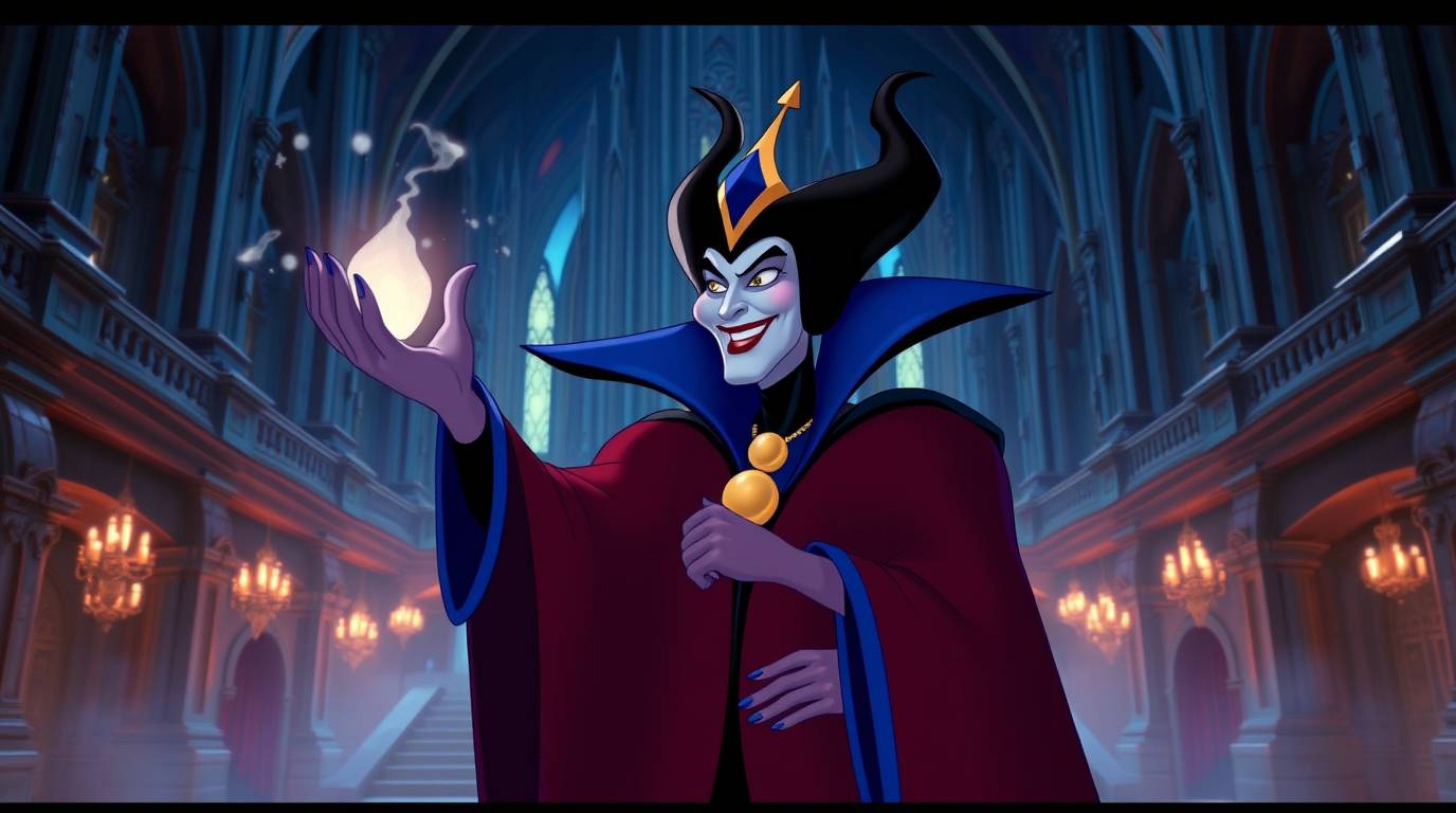 A captivating image of a classic Disney villain, regal in appearance, casting a powerful spell within a futuristic grand cast