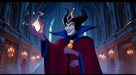 A captivating image of a classic Disney villain, regal in appearance, casting a powerful spell within a futuristic grand cast
