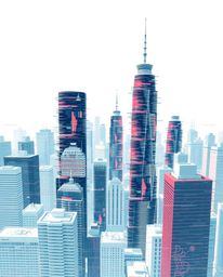 Immerse yourself in a modern flat design glitchy digital landscape featuring distorted skyscrapers and static noise.  This ca