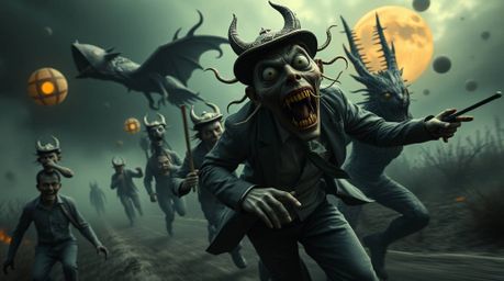 Immerse yourself in a surreal and dreamlike chase scene, characterized by exaggerated squash and stretch animation, fantastic
