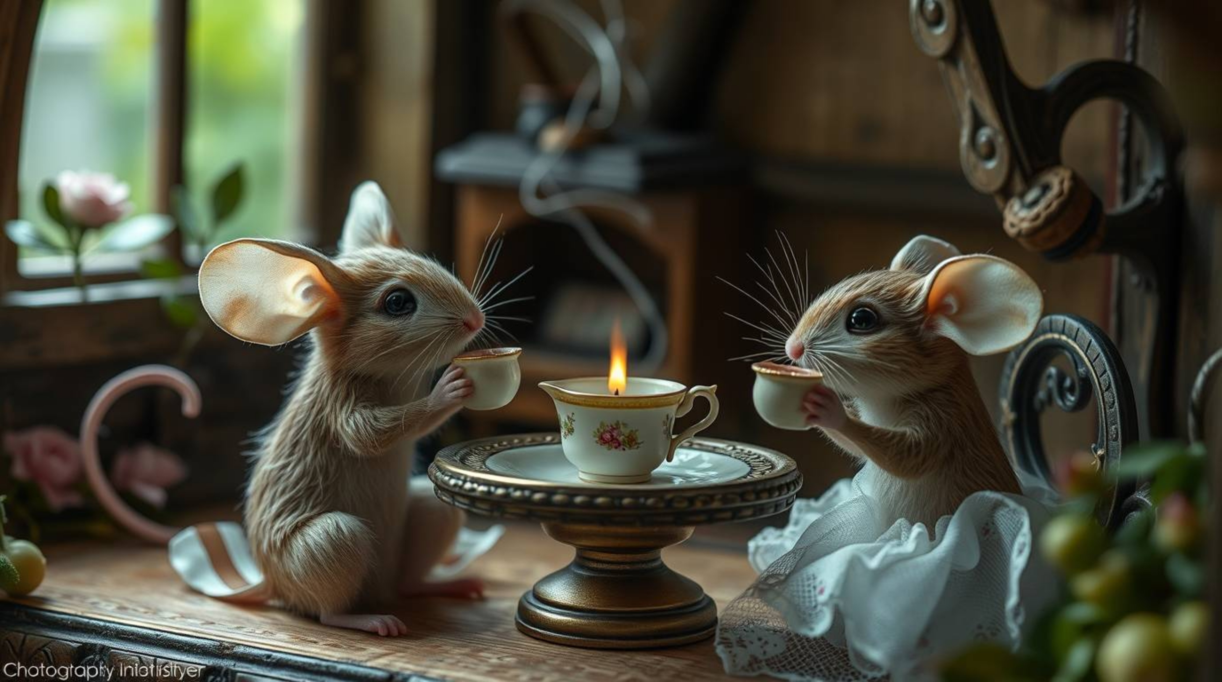 Explore the enchanting world of long exposure photography featuring anthropomorphic mice gracefully enjoying a tea party in a