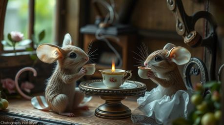 Explore the enchanting world of long exposure photography featuring anthropomorphic mice gracefully enjoying a tea party in a