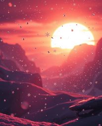 A futuristic sci-fi scene captures the serene moment of snowflakes falling during a vibrant sunset, incorporating elements of