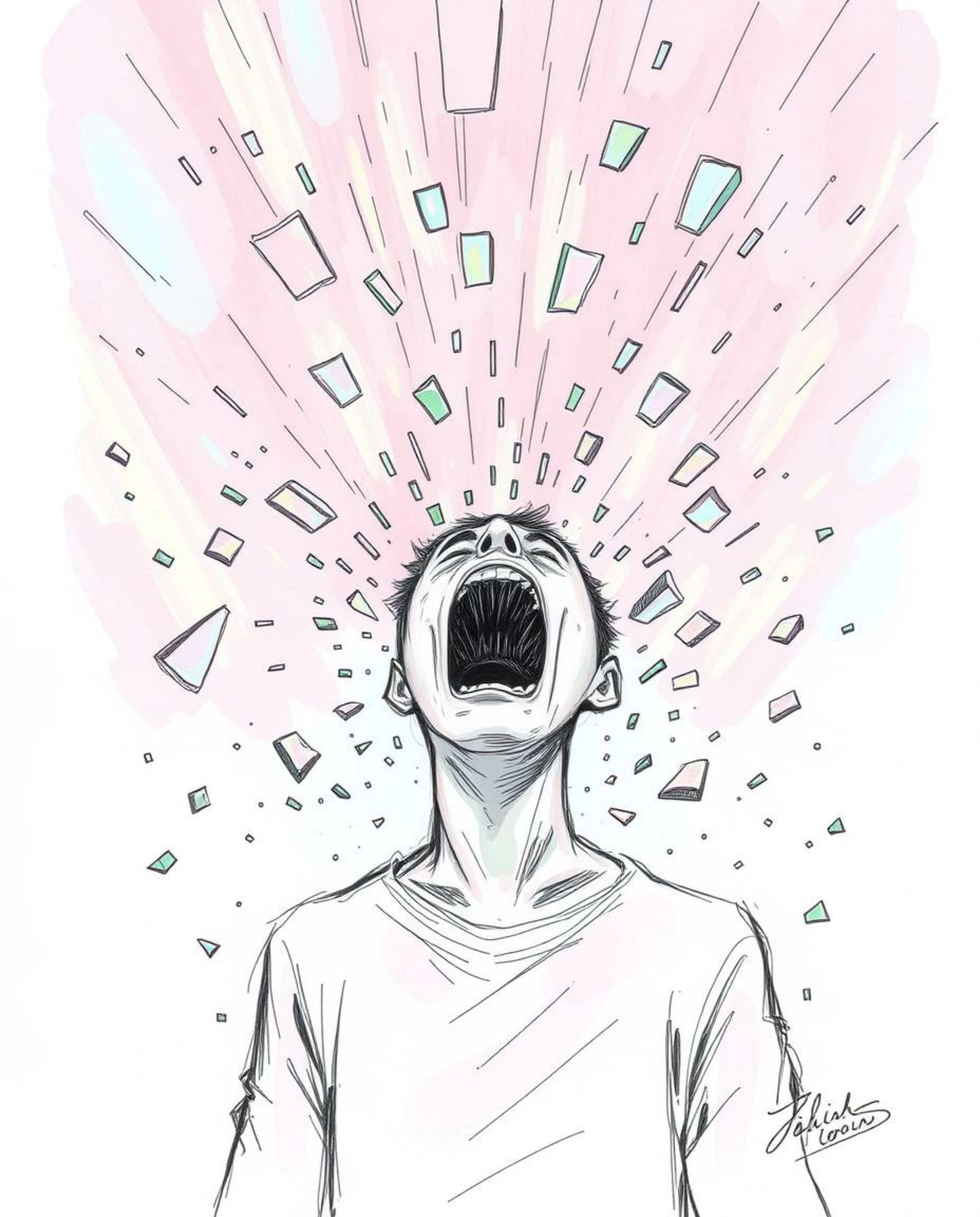 A visually striking image depicting a person screaming as their reality crumbles into pixels. The scene is rendered in a hand